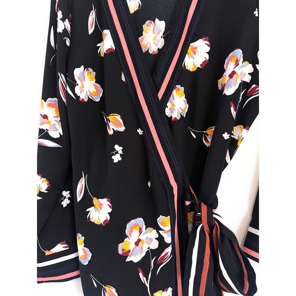 Halogen Women's Jessica Floral Faux Wrap Blouse - Black Floral with Striped Trim - Picture 2 of 4